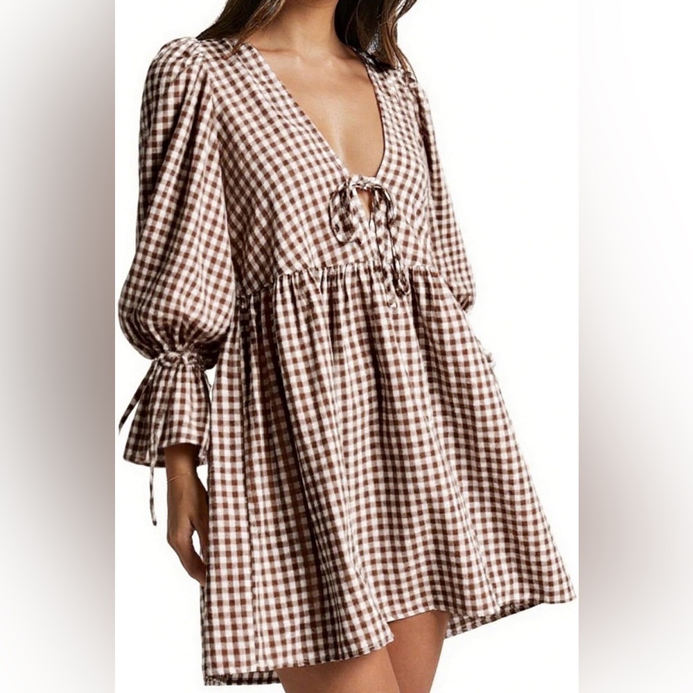 Brown Gingham Long Sleeve Dress
